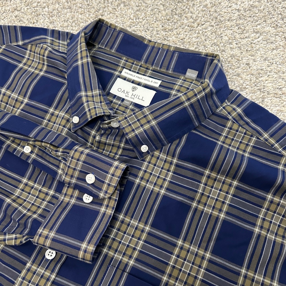 Oak Hill Button Down Shirt 4XLT Blue Plaid Wrinkle Free Cool & Dry Long Sleeve